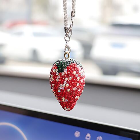 Bling Cherry Car Rear View Mirror Charm, Sparkly Rhinestones Automotive Decoration Pendant, Cute Vehicle Interior Hanging Ornament, Lucky Present for Women, Girl (Pink) in Saudi Arabia
