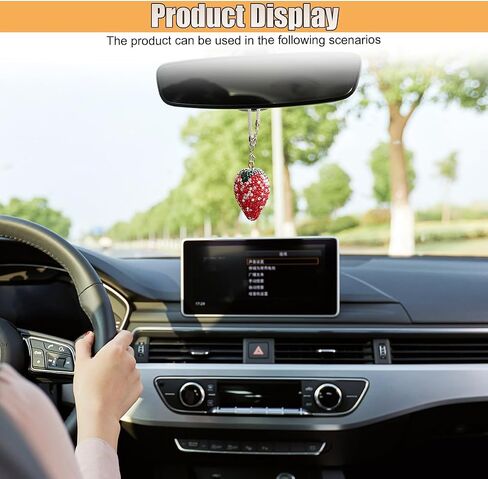 Bling Cherry Car Rear View Mirror Charm, Sparkly Rhinestones Automotive Decoration Pendant, Cute Vehicle Interior Hanging Ornament, Lucky Present for Women, Girl (Pink) in Saudi Arabia