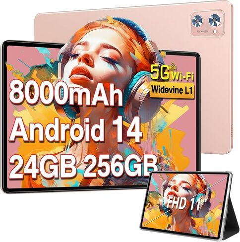 Tablet 11 inch Android 14 Tablets, 24GB RAM 256GB ROM 1TB Expand, Octa-core 8000mAh Battery Tablet PC with 13MP Camera, IPS HD Touchscreen, 5G WiFi, Widevine L1, Bluetooth 5.0, GPS - Rose Gold in Saudi Arabia