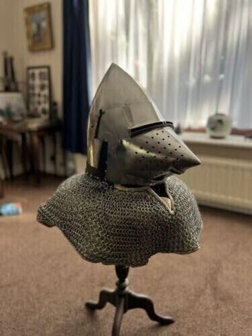 Medieval Pig Faced Bascinet Aventail Helmet with Chainmail Knight Hounskull Helmet for Roleplay & Cosplay Silver, Medium in Saudi Arabia