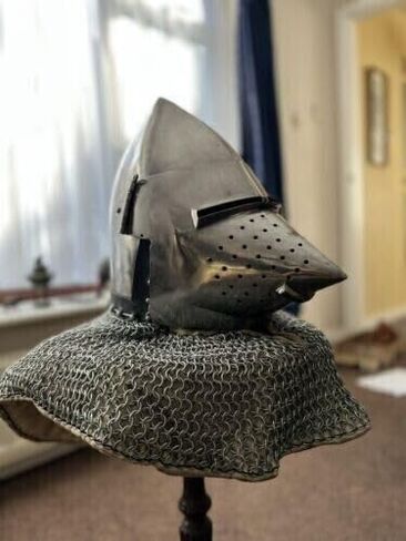 Medieval Pig Faced Bascinet Aventail Helmet with Chainmail Knight Hounskull Helmet for Roleplay & Cosplay Silver, Medium in Saudi Arabia