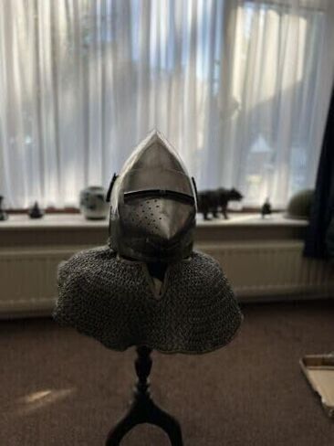Medieval Pig Faced Bascinet Aventail Helmet with Chainmail Knight Hounskull Helmet for Roleplay & Cosplay Silver, Medium in Saudi Arabia