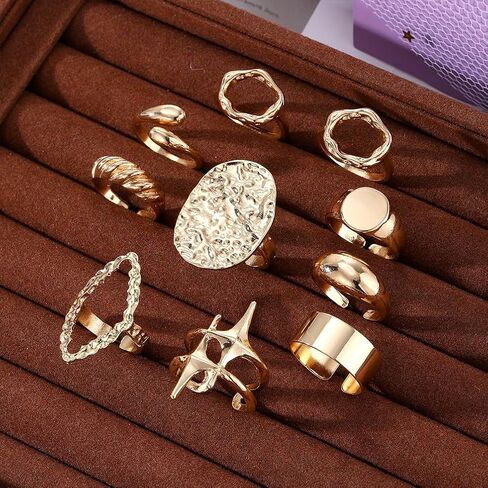 10Pcs Gold Chunky Rings Set Stackable for Women Non Tarnish, Statement Dome Huggie Circle Hammered Big Open Ring Knuckle Finger Party Jewelry Gifts in Saudi Arabia