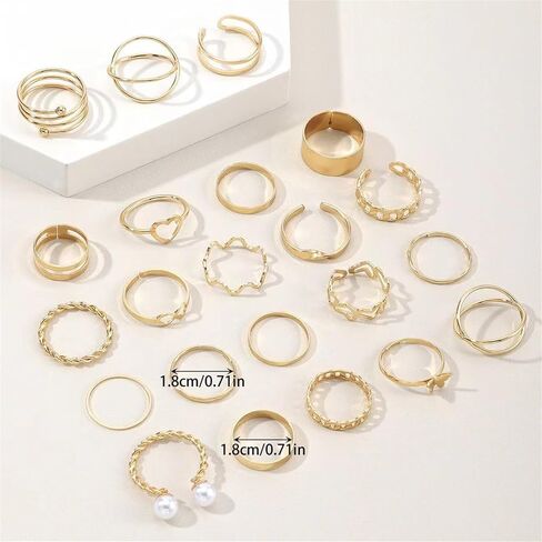 22pcs حلقات مفصلية ذهبية للنساء ، بوهو ، بوهو القابل للتكديس ، إصبع الدقم حلقة حزمة بسيطة لطيف لؤلؤة خواتم قلب قابلة للتعديل عبارة عن مجوهرات مختلطة الحجم in Kuwait