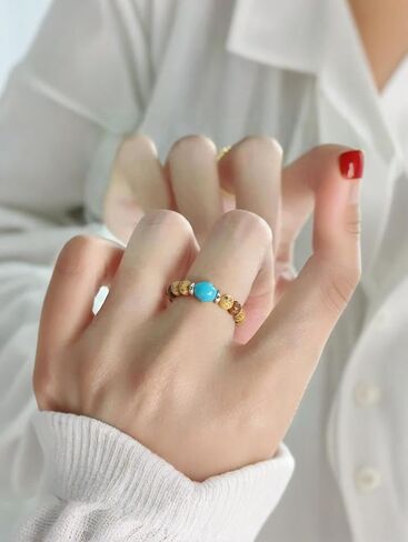 Natural Stone Bead Ring for Women - Adjustable Elastic Stretch Ring Stackable Boho Spiritual Jewelry Gift (Sizes 6-8) in Kuwait