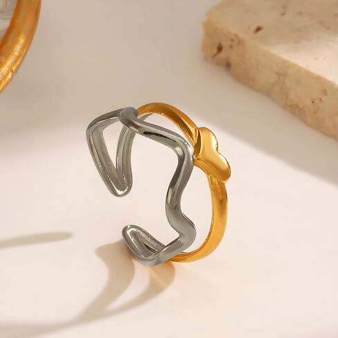 Chunky Rings For Women, Gold Silver Mixed Metal Thumb Ring Asymmetrical Wavy Curve Ring Adjustable Non Tarnish Dainty Stainless Steel New Year Anniversary Birthday Jewelry Gift in Saudi Arabia