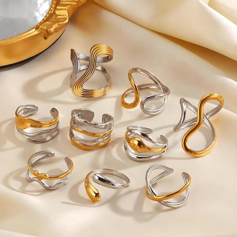 Chunky Rings For Women, Gold Silver Mixed Metal Thumb Ring Asymmetrical Wavy Curve Ring Adjustable Non Tarnish Dainty Stainless Steel New Year Anniversary Birthday Jewelry Gift in Saudi Arabia