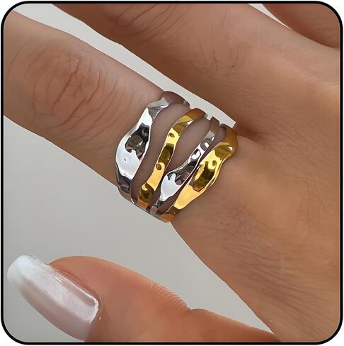 Chunky Rings For Women, Gold Silver Mixed Metal Thumb Ring Asymmetrical Wavy Curve Ring Adjustable Non Tarnish Dainty Stainless Steel New Year Anniversary Birthday Jewelry Gift in Saudi Arabia