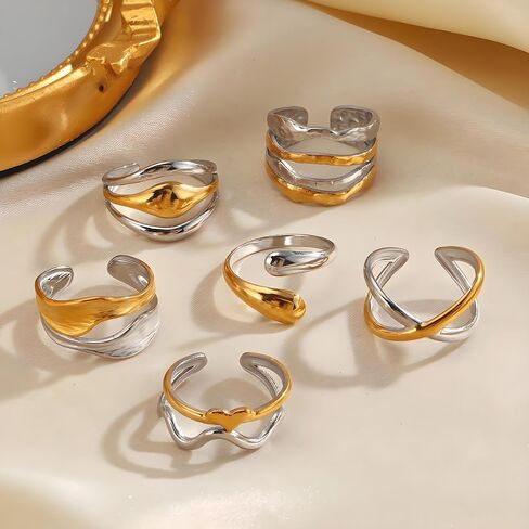Chunky Rings For Women, Gold Silver Mixed Metal Thumb Ring Asymmetrical Wavy Curve Ring Adjustable Non Tarnish Dainty Stainless Steel New Year Anniversary Birthday Jewelry Gift in Saudi Arabia