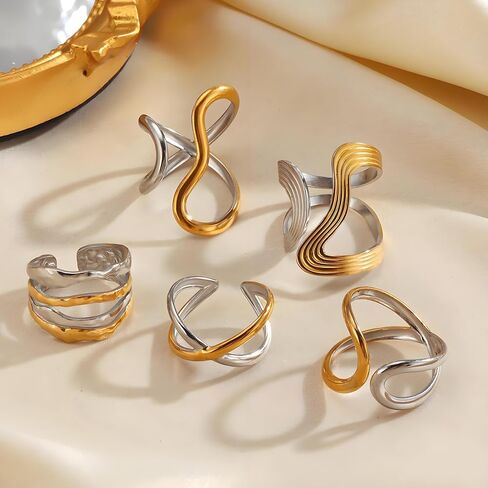 Chunky Rings For Women, Gold Silver Mixed Metal Thumb Ring Asymmetrical Wavy Curve Ring Adjustable Non Tarnish Dainty Stainless Steel New Year Anniversary Birthday Jewelry Gift in Saudi Arabia