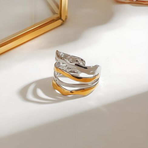 Chunky Rings For Women, Gold Silver Mixed Metal Thumb Ring Asymmetrical Wavy Curve Ring Adjustable Non Tarnish Dainty Stainless Steel New Year Anniversary Birthday Jewelry Gift in Saudi Arabia