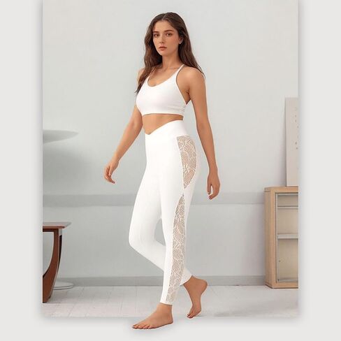 Women's Yoga Pants Lace Splicing Leggings V Crossover High Waisted Workout Pants for Running Cycling Athletic Fitness in Saudi Arabia