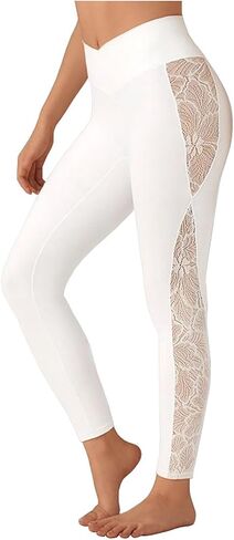 Women's Yoga Pants Lace Splicing Leggings V Crossover High Waisted Workout Pants for Running Cycling Athletic Fitness in Saudi Arabia