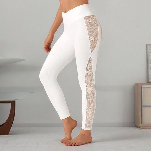 Women's Yoga Pants Lace Splicing Leggings V Crossover High Waisted Workout Pants for Running Cycling Athletic Fitness in Saudi Arabia