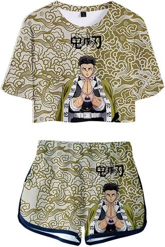 Anime Crop Top T Shirt and Shorts Set Women's 2 Piece Short Sleeve Outfits Girls Active Tracksuit in Saudi Arabia