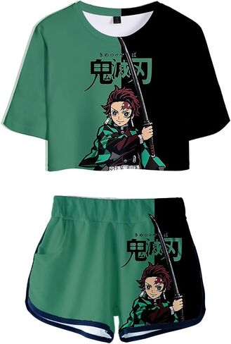 Anime Crop Top T Shirt and Shorts Set Women's 2 Piece Short Sleeve Outfits Girls Active Tracksuit in Saudi Arabia