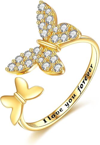 KECHO 14K Solid Gold Butterfly Ring for Women Animal Hummingbird Open Adjustable Rings Engraved I love you Jewelry Birthday Mothers Day Gifts for Mom Friends in Saudi Arabia