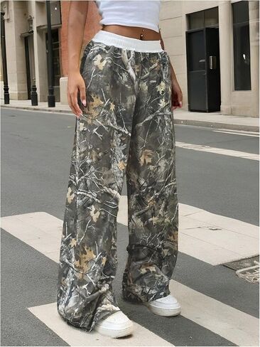 COZYEASE Women's Camo Print Graphic Pants Elastic Waist Wide Leg Sweatpants Streetwear in Saudi Arabia