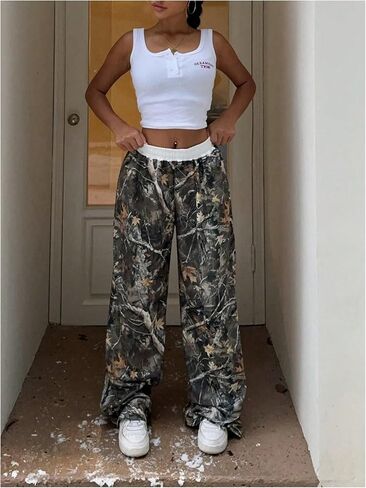 COZYEASE Women's Camo Print Graphic Pants Elastic Waist Wide Leg Sweatpants Streetwear in Saudi Arabia