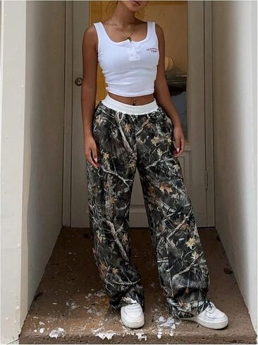 COZYEASE Women's Camo Print Graphic Pants Elastic Waist Wide Leg Sweatpants Streetwear in Saudi Arabia