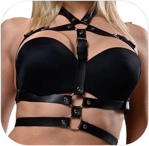 Punk Black Leather Chest Harness & Waist Chain Belt for Women, Adjustable Gothic Body Jewelry in Saudi Arabia