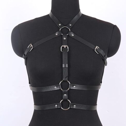 Punk Black Leather Chest Harness & Waist Chain Belt for Women, Adjustable Gothic Body Jewelry in Saudi Arabia