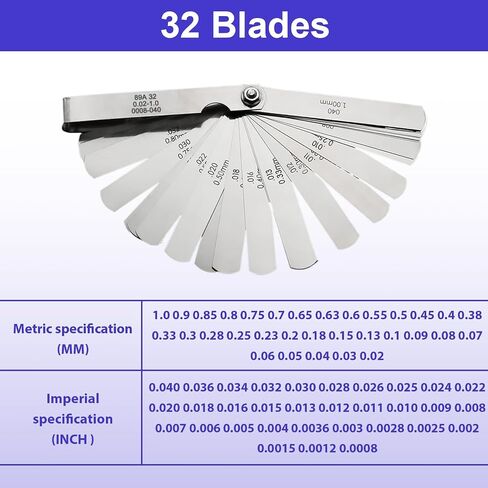 32 Blades Stainless Steel Feeler Gauge, Feeler Gauges for Valves 0.0008-0.04" (0.02-1.00mm) Universal Standard SAE and Metric Offset Valve Thickness Gauge for Measuring Gap Width or Thickness in Saudi Arabia