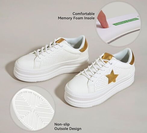 BELOS Fashion Platform Women Sneakers Faux Suede Stars Holographic Rainbow Walking Shoes (Denim Blue,9) in Kuwait