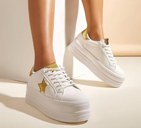 BELOS Fashion Platform Women Sneakers Faux Suede Stars Holographic Rainbow Walking Shoes (Denim Blue,9) in Kuwait