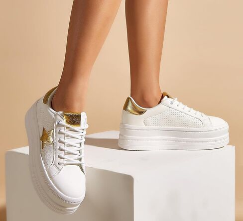 BELOS Fashion Platform Women Sneakers Faux Suede Stars Holographic Rainbow Walking Shoes (Denim Blue,9) in Kuwait