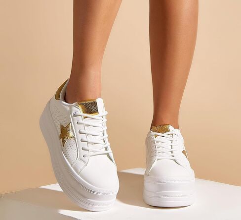 BELOS Fashion Platform Women Sneakers Faux Suede Stars Holographic Rainbow Walking Shoes (Denim Blue,9) in Kuwait