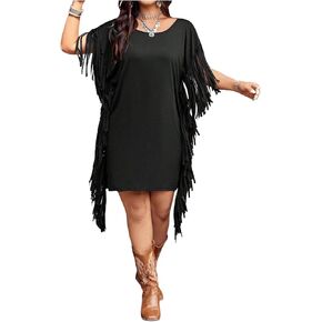 Verdusa Women's Plus Size Boho Fringe Dress Backless Scoop Neck Short Sleeve Tee Dresses in Kuwait