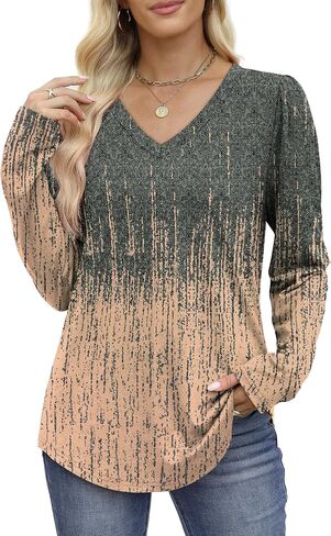 OFEEFAN T Shirts for Women V Neck Dressy Casual Blouses Puff Long Sleeve Fall Outfits Tops Loose Fit in Saudi Arabia