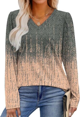 OFEEFAN T Shirts for Women V Neck Dressy Casual Blouses Puff Long Sleeve Fall Outfits Tops Loose Fit in Saudi Arabia