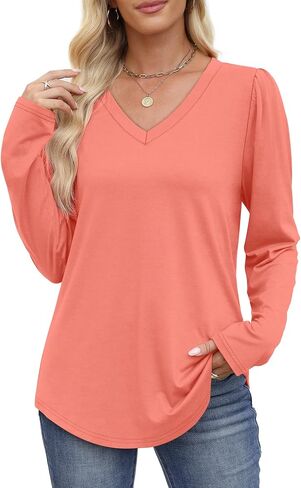 OFEEFAN T Shirts for Women V Neck Dressy Casual Blouses Puff Long Sleeve Fall Outfits Tops Loose Fit in Saudi Arabia