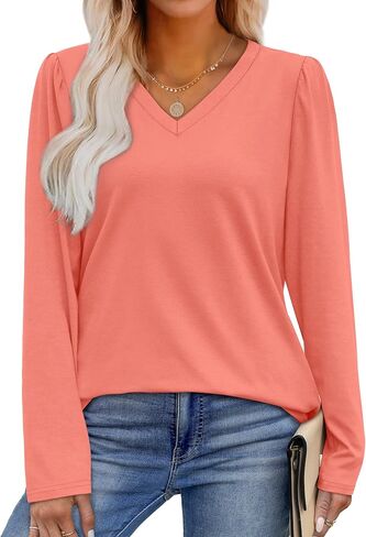 OFEEFAN T Shirts for Women V Neck Dressy Casual Blouses Puff Long Sleeve Fall Outfits Tops Loose Fit in Saudi Arabia