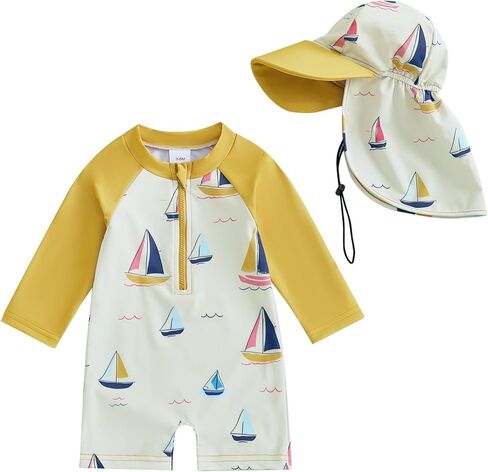 Toddler Baby Boy Girls One Piece Swimsuit Long Sleeve Zipper Bathing Suit with Hat Infant Rash Guard Swimwear in Saudi Arabia