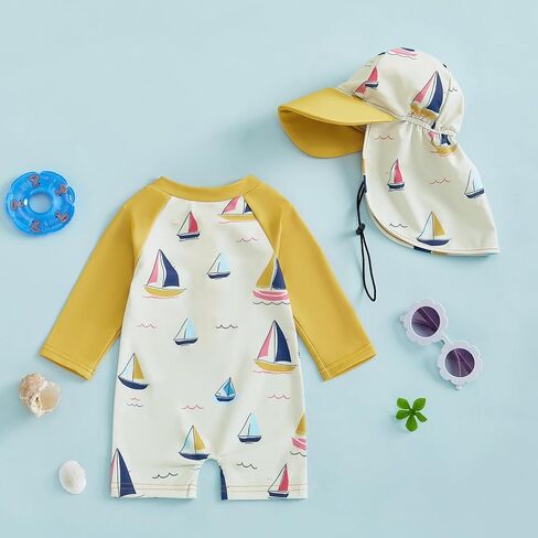 Toddler Baby Boy Girls One Piece Swimsuit Long Sleeve Zipper Bathing Suit with Hat Infant Rash Guard Swimwear in Saudi Arabia