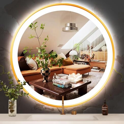 THEKLA 24 بوصة مرآة حمام ذهبية مستديرة LED مع إطار ذهبي مرآة مضاءة دائرية لجدار الحمام مرآة الغرور المستديرة مع أضواء 3 ألوان عاكسة للضوء مضادة للضباب 24 مرآة دائرية ذهبية ذكية in Saudi Arabia