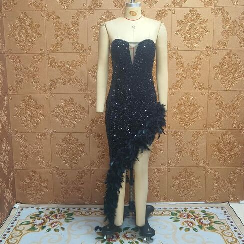 Women's Sexy Sequin Off The Shoulder V Neck Mesh See Through Dress Feather Hem Bodycon Evening Maxi Dress in Saudi Arabia
