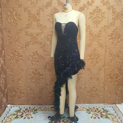Women's Sexy Sequin Off The Shoulder V Neck Mesh See Through Dress Feather Hem Bodycon Evening Maxi Dress in Saudi Arabia