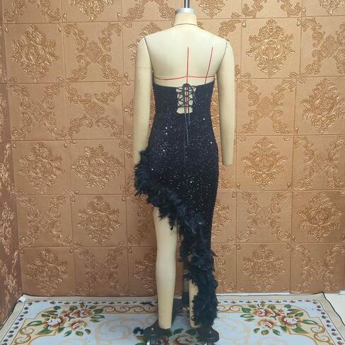 Women's Sexy Sequin Off The Shoulder V Neck Mesh See Through Dress Feather Hem Bodycon Evening Maxi Dress in Saudi Arabia
