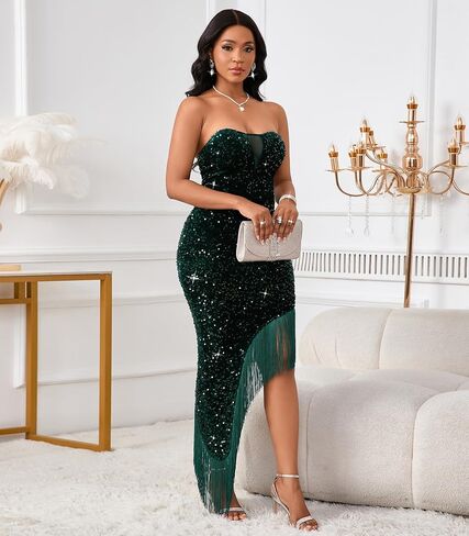 Women's Sexy Sequin Off The Shoulder V Neck Mesh See Through Dress Feather Hem Bodycon Evening Maxi Dress in Saudi Arabia