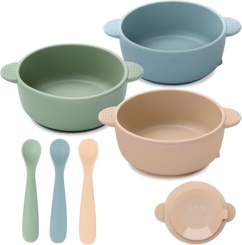 3 Pack Baby Bowls with Suction and 3 Pack Baby Spoons, BPA Free, Silicone Baby Feeding Set for Babies Toddler Kids, Microwave and Dishwasher Safe in Kuwait