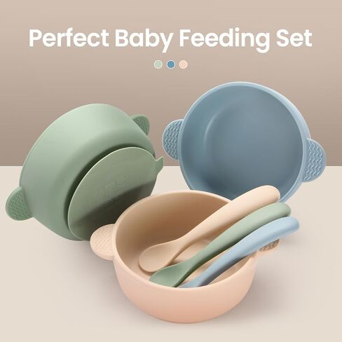 3 Pack Baby Bowls with Suction and 3 Pack Baby Spoons, BPA Free, Silicone Baby Feeding Set for Babies Toddler Kids, Microwave and Dishwasher Safe in Kuwait