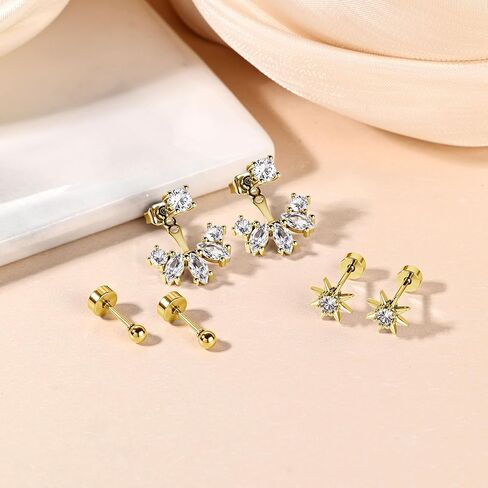 أقراط Gold Sporclo للنساء hypoallergenic 14k مقعدة الذهب مقاطع studring stands stackets مجموعة 3 أزواج من الصلب huggie arring لثقب متعددة in Kuwait