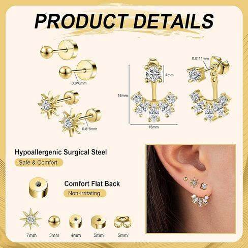 أقراط Gold Sporclo للنساء hypoallergenic 14k مقعدة الذهب مقاطع studring stands stackets مجموعة 3 أزواج من الصلب huggie arring لثقب متعددة in Kuwait