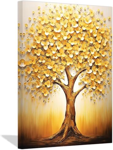 ZXHYWYM Abstract Big Tree Canvas Wall Art Golden Yellow Flowers Tree Oil Painting Prints Modern Plant Artwork Home Decor Ready to Hang(2, (12.00" x 18.00")) in Saudi Arabia