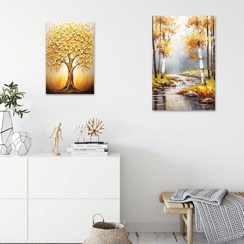 ZXHYWYM Abstract Big Tree Canvas Wall Art Golden Yellow Flowers Tree Oil Painting Prints Modern Plant Artwork Home Decor Ready to Hang(2, (12.00" x 18.00")) in Saudi Arabia