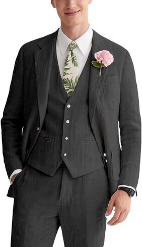 بدلة الكتان الرجال 3 قطعة ضيقة ضيقة العريس الشاطئ الزي الزفاف البدلات غير الرسمية للرجال حفلة حفلة موسيقية in Kuwait